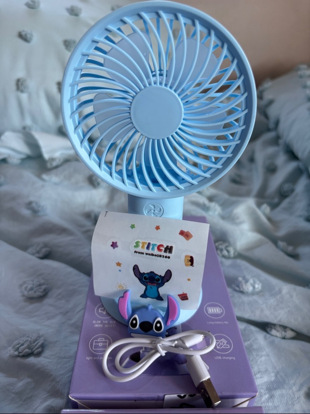 Light Blue Portable Desk Fan with Stitch Charm -